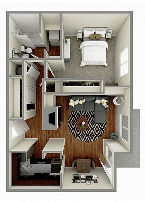 Floor plan for 1 bed, 1 bath, 598 sqft